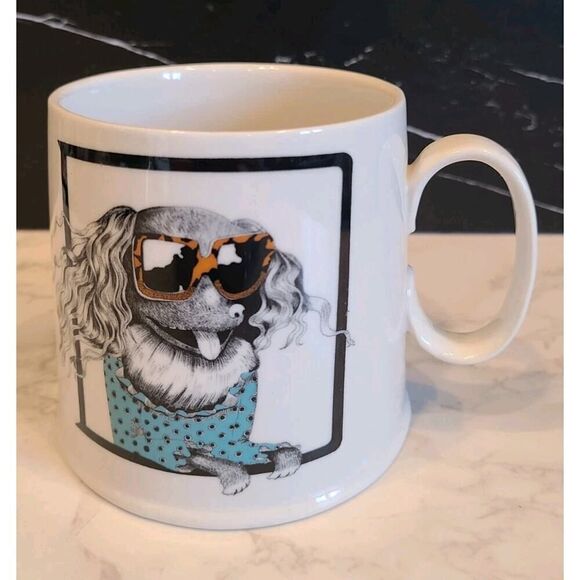 Anthropologie Mug Florence Balducci D Monogram Whimsical Dog Stoneware 20oz EUC - Picture 2 of 7
